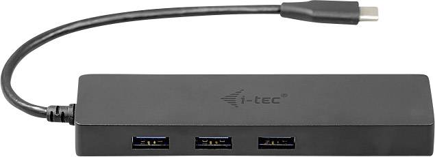 USB-hub i-tec s tremi USB 3.0-priključki in USB-C kablom, primeren za razširitev priključnih možnosti naprav.