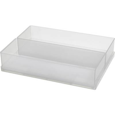 Prozoren pravokoten plastični organizator z dvema predaloma, idealen za shranjevanje majhnih pisarniških potrebščin ali kozmetike.