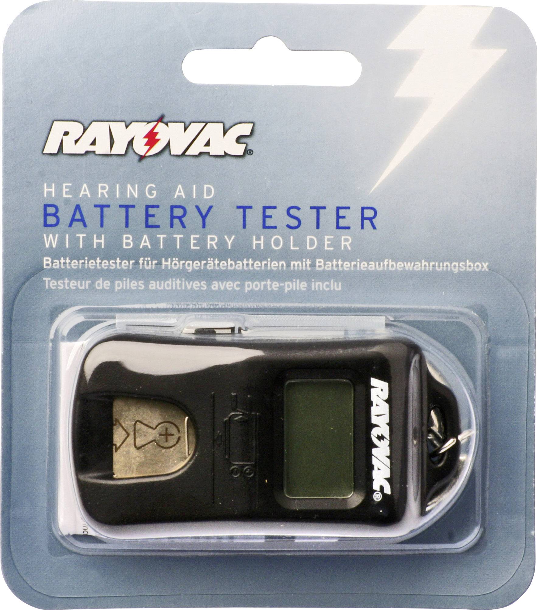 Rayovac tester baterij za slušne aparate z držalom za baterije, prikazan v blister embalaži. Vsebuje zaslon za prikaz moči baterije.