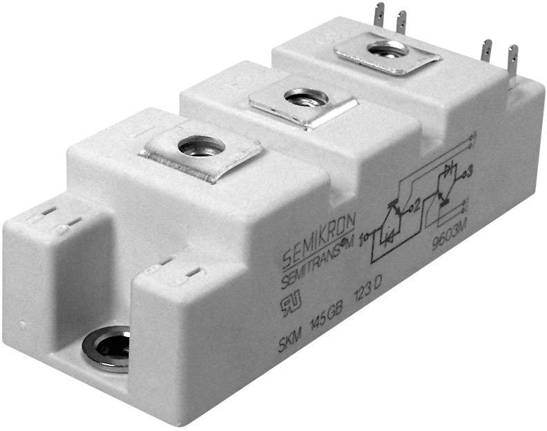 Pravokotna elektronska komponenta z kovinskimi priključki in diagramom na površini. Označena z 'SEMIKRON'.
