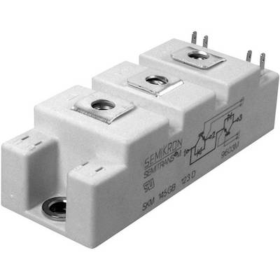 Pravokotna elektronska komponenta z kovinskimi priključki in diagramom na površini. Označena z 'SEMIKRON'.