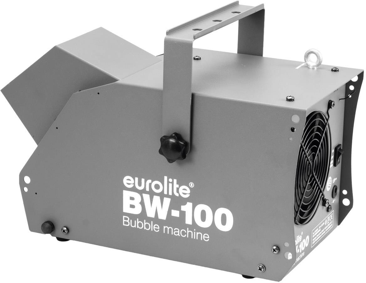 Siva naprava za mehurčke z napisom 'eurolite BW-100 Bubble machine' na strani, opremljena z ročajem in ventilatorjem.