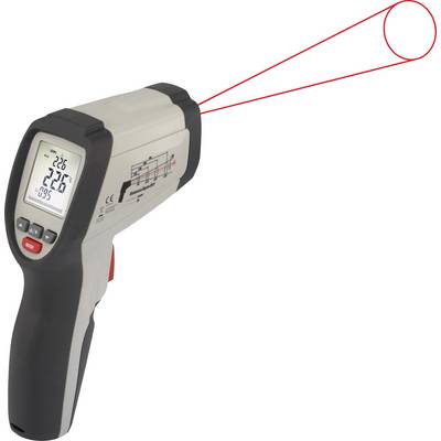 Infrardeči termometer prikazuje digitalni zaslon s temperaturnimi meritvami, medtem ko rdeče laserske linije kažejo na cilj.