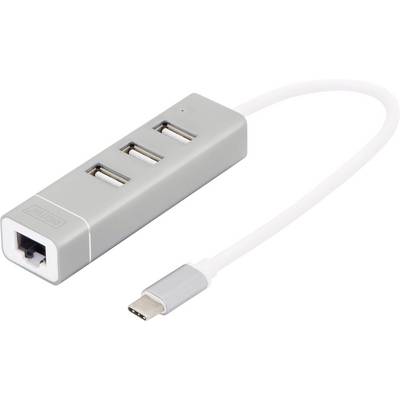 Srebrn USB hub s tremi USB priključki in enim ethernet portom, povezan prek belega USB-C kabla.
