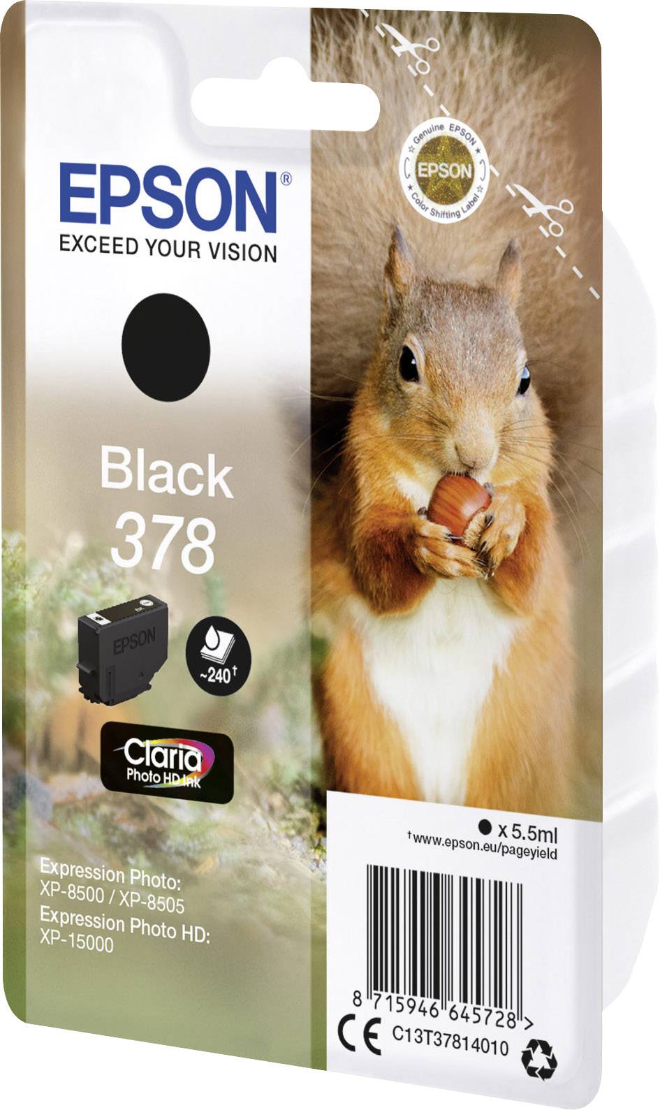Slika veverice na embalaži črnila Epson z napisom 'Black 378', ki vsebuje podrobnosti o združljivih modelih tiskalnikov.