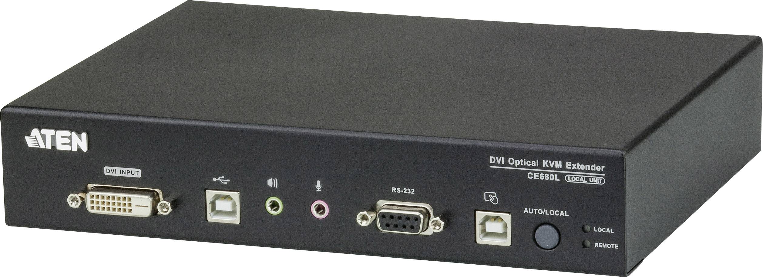 Črn DVI optični KVM podaljšek znamke ATEN z različnimi priključki in kontrolnimi lučkami na sprednji strani.