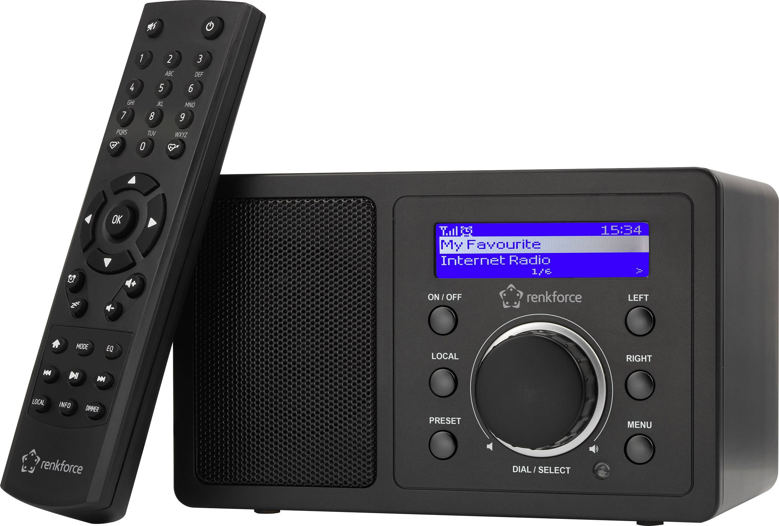 Črni internetni radio z zvočnikom, velikim vrtljivim gumbom in zaslonom, prikazuje 'Moj najljubši internetni radio', zraven je daljinski upravljalnik.