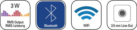 Simboli za FM-radio, Bluetooth, WLAN in snemanje. Prikazuje funkcije avdio naprave z možnostmi povezovanja in snemanja.