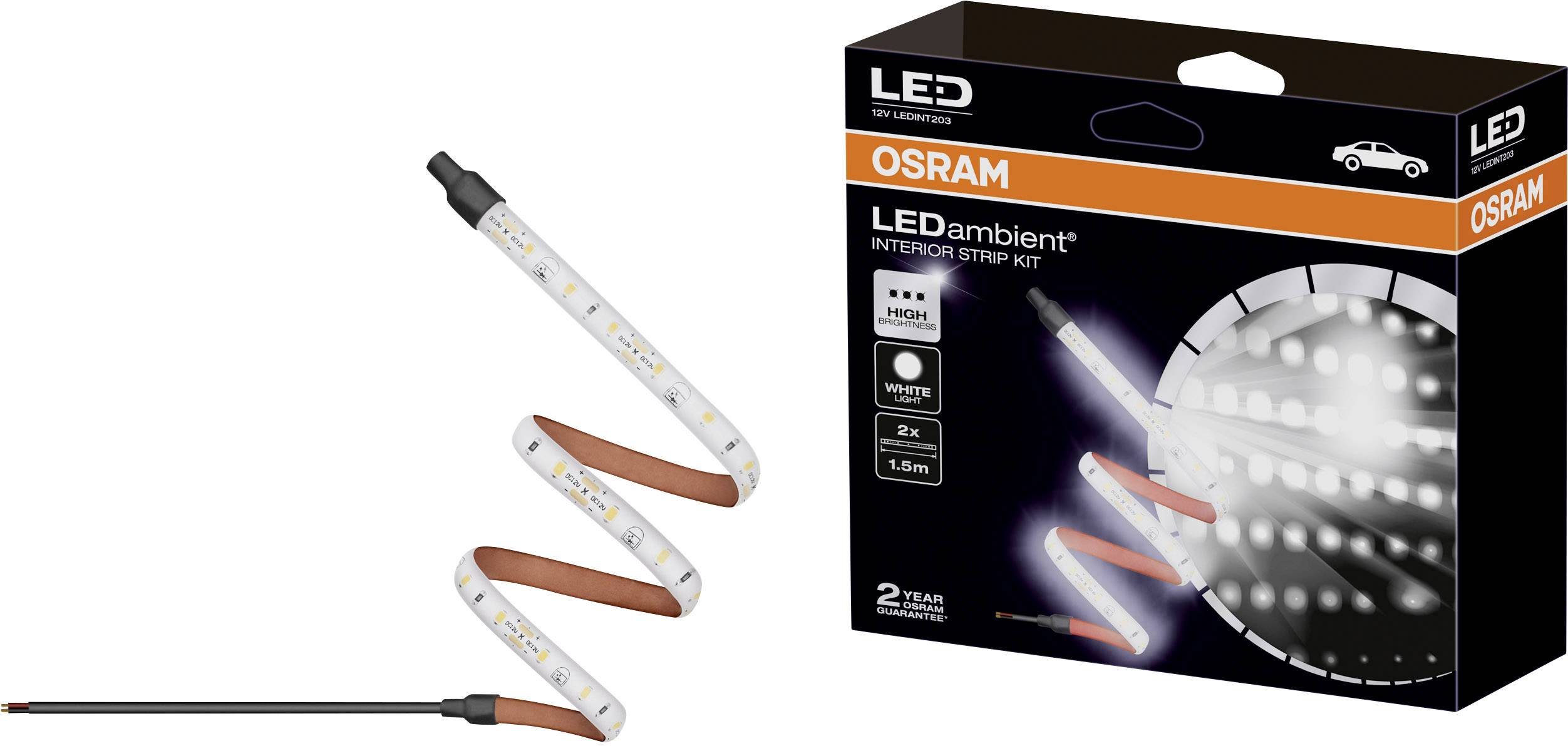 Set LED notranjih svetlobnih trakov znamke OSRAM, prikazuje dva 1,5 m dolga trakova, embalaža nakazuje na visoko svetilnost in avtofokus.