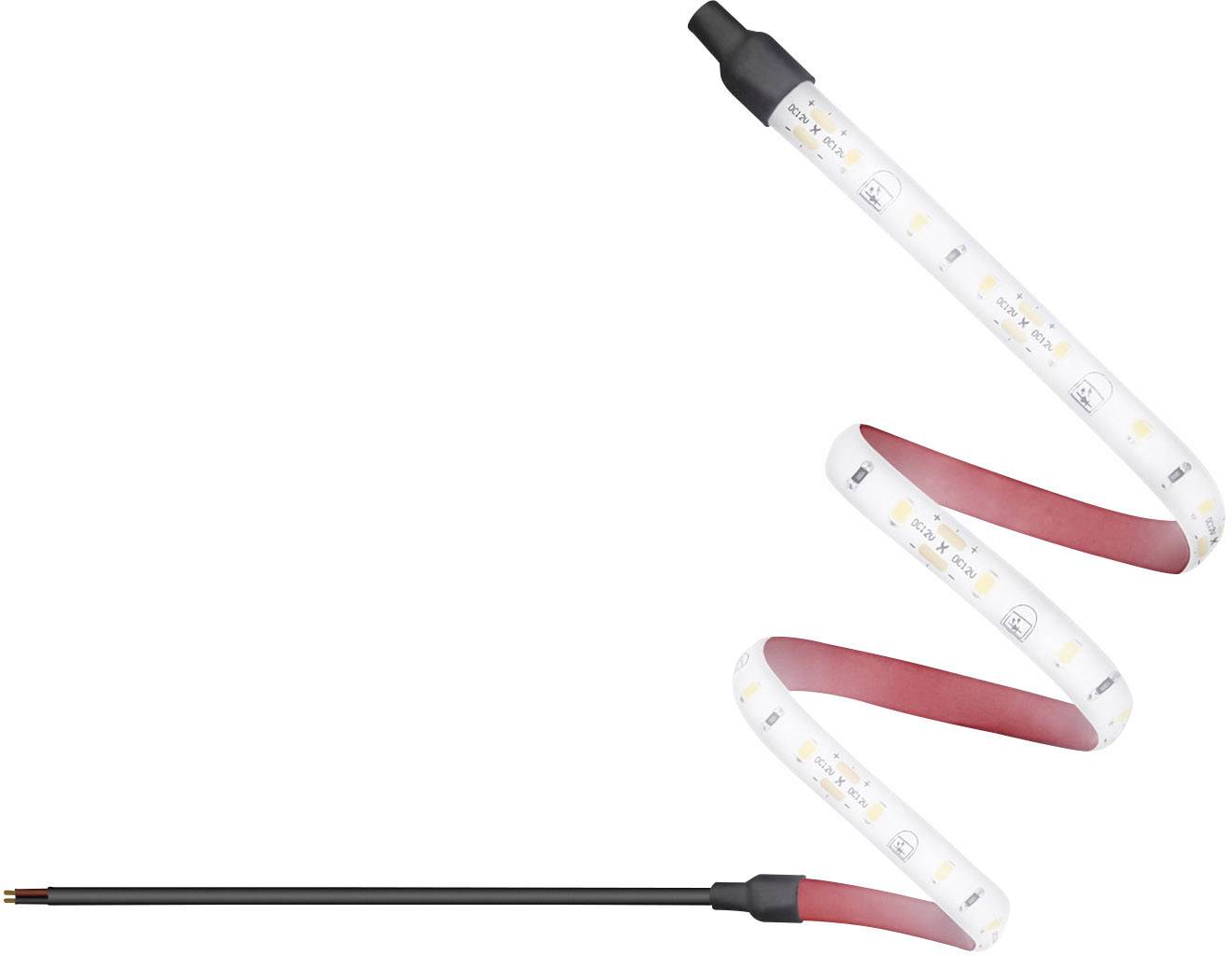 LED-trakasti svetlobni trak v ukrivljeni obliki. Sprednja stran prikazuje svetlo osvetljene LED-diode na fleksibilnem rdečem nosilcu.