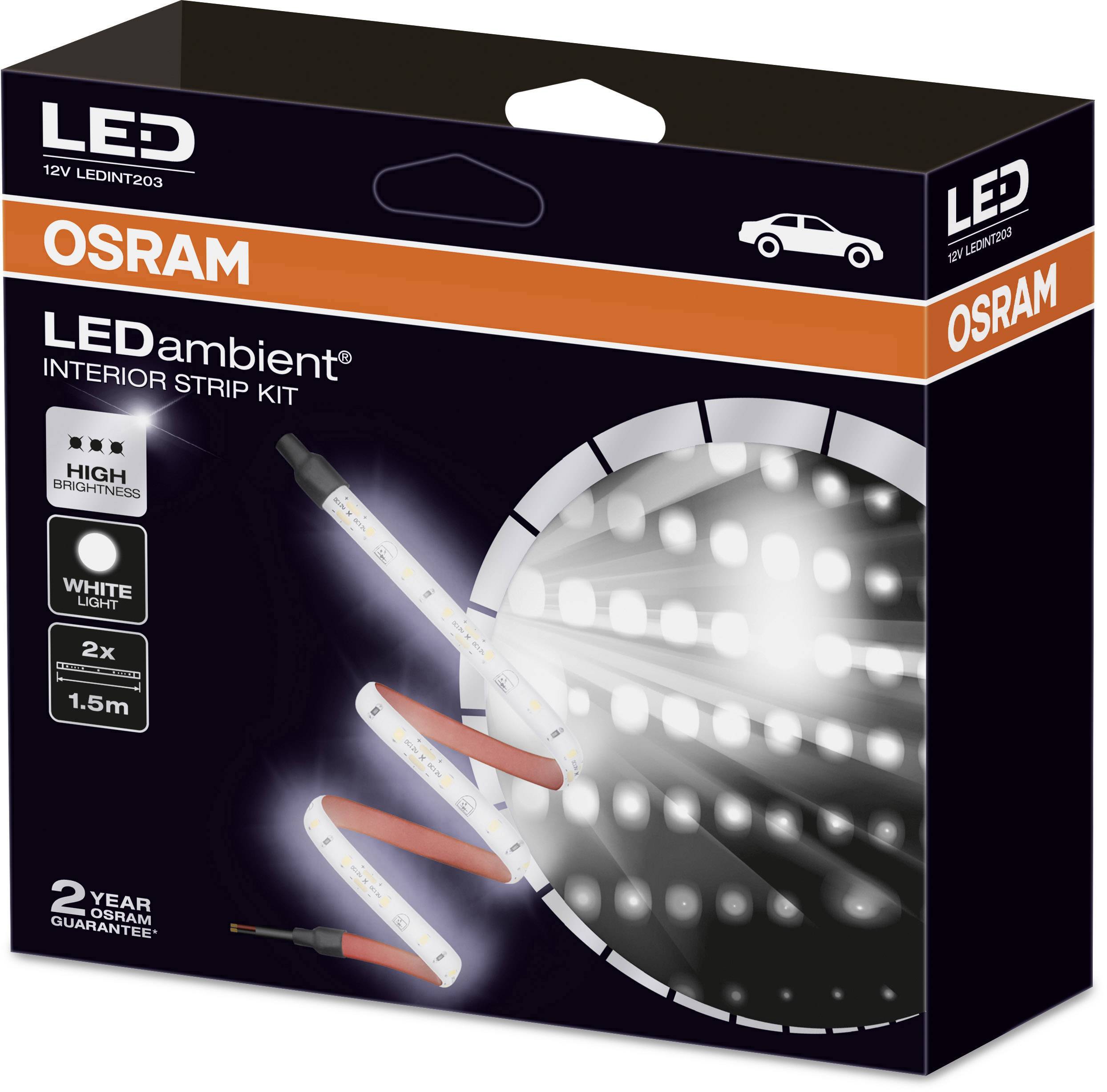 LED ambient notranji trak komplet podjetja OSRAM v embalaži, ki prikazuje dva 1,5 m dolga bela LED trakova z visoko svetilnostjo. Garancija: 2 leti.