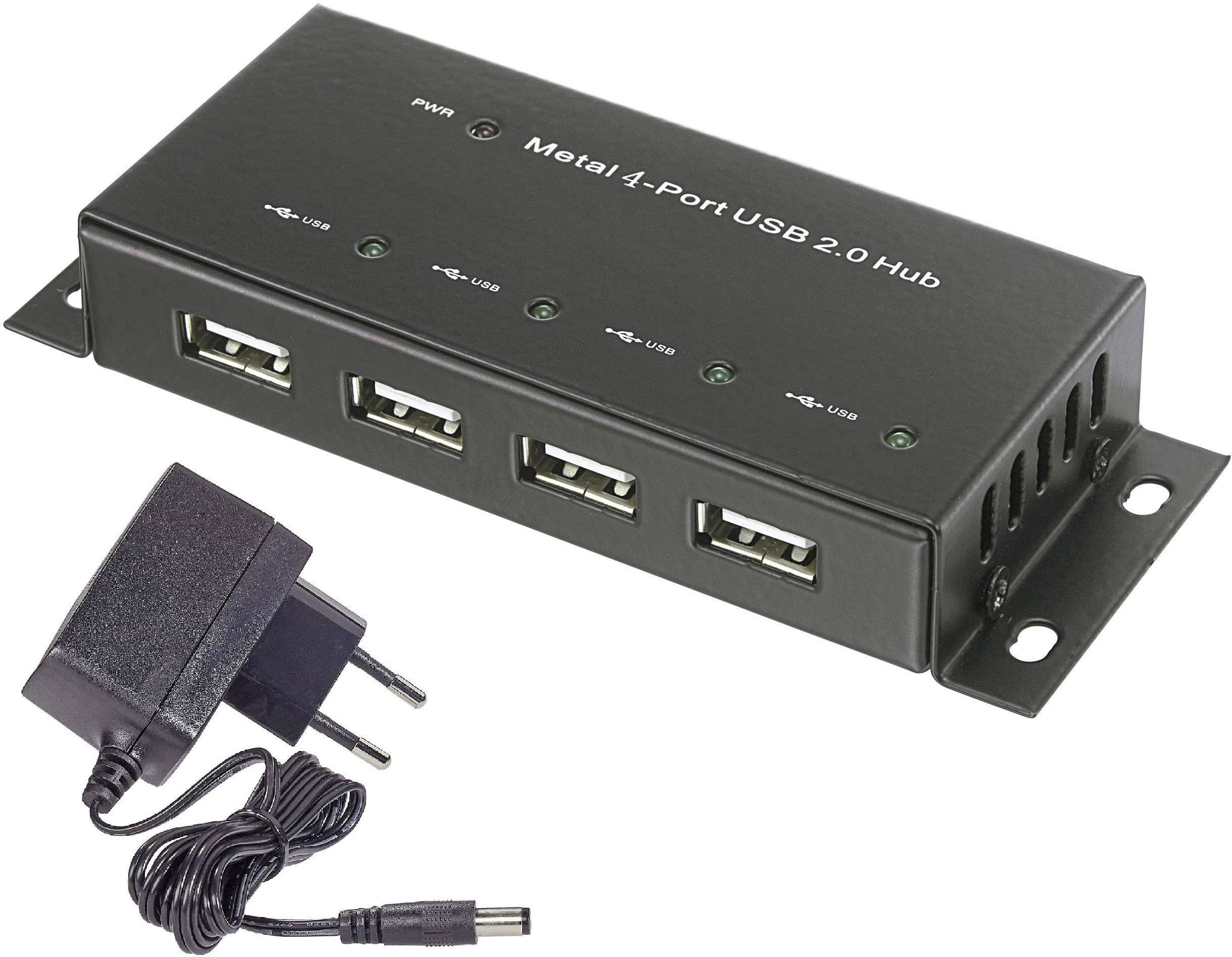 Črn USB-hub s 4 priključki in LED-indikatorji, zraven njega ustrezen napajalni kabel. Primeren za več USB-povezav.