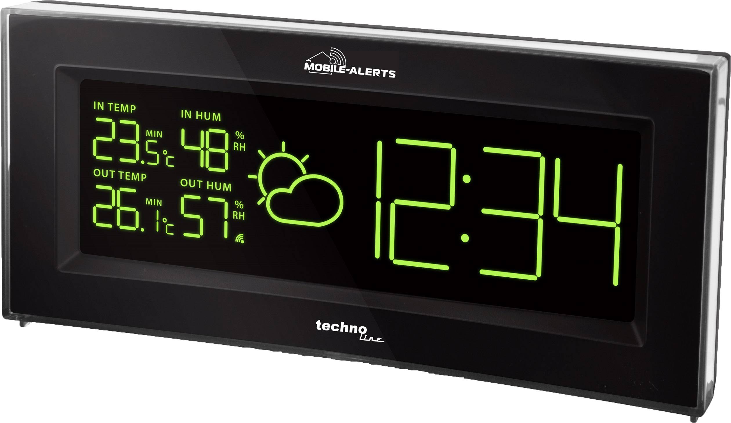 'Digitalni termometer in higrometer z uro. Notranja temperatura 23,5°C, vlažnost 48%. Zunanja temperatura 26,1°C, vlažnost 57%. Ura 12:34.'