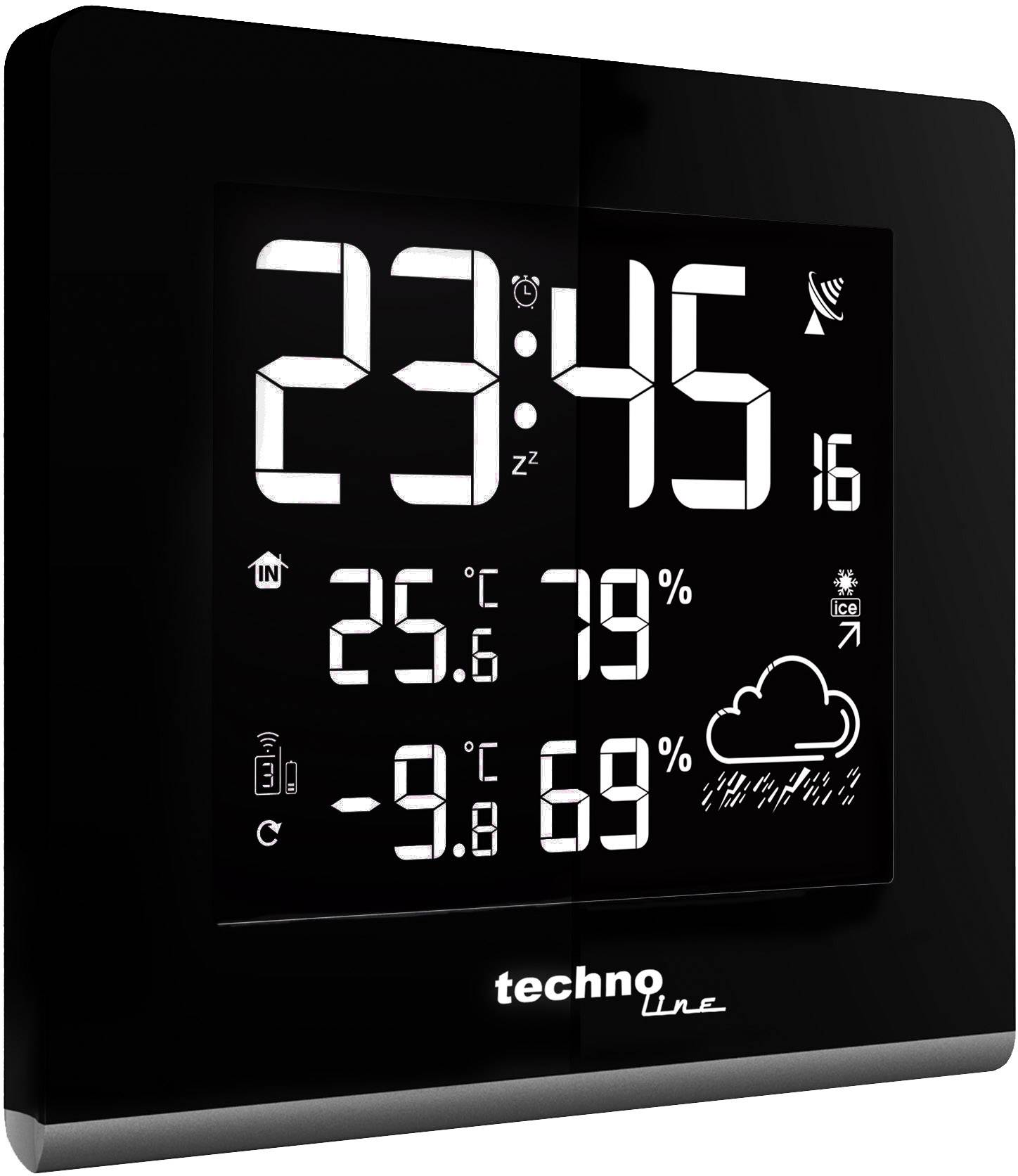 Digitalna vremenska postaja z veliko prikazano uro '23:45', notranjo temperaturo '25,6°C' in zunanjo temperaturo '-9,8°C', vremensko napovedjo z simbolom oblakov.