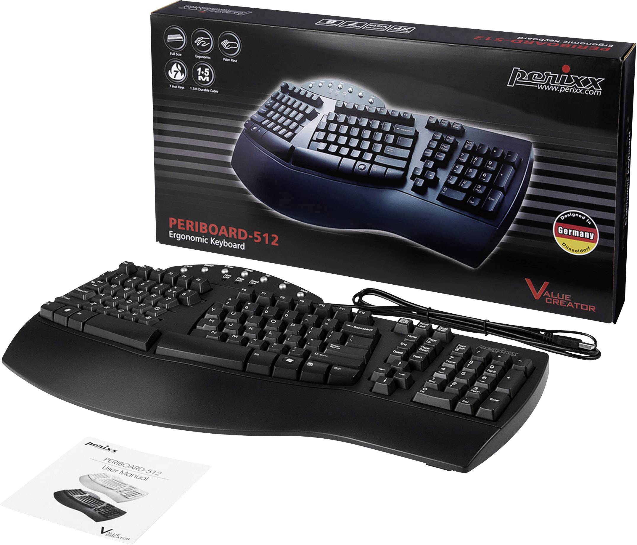 Ergonomska tipkovnica Perixx Periboard-512 z ločenim dizajnom, kabelsko povezavo in embalažo v ozadju.
