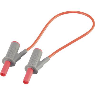 Rdeč fleksibilen testni kabel z dvema sivima izolacijskima vtičema na konceh. Primeren za električne meritve in preizkuse.