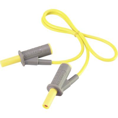 Rumeno merilno kabel znamke Voltcraft z dvema sivima vtičema, uporabljen za elektronske meritve in preizkuse.