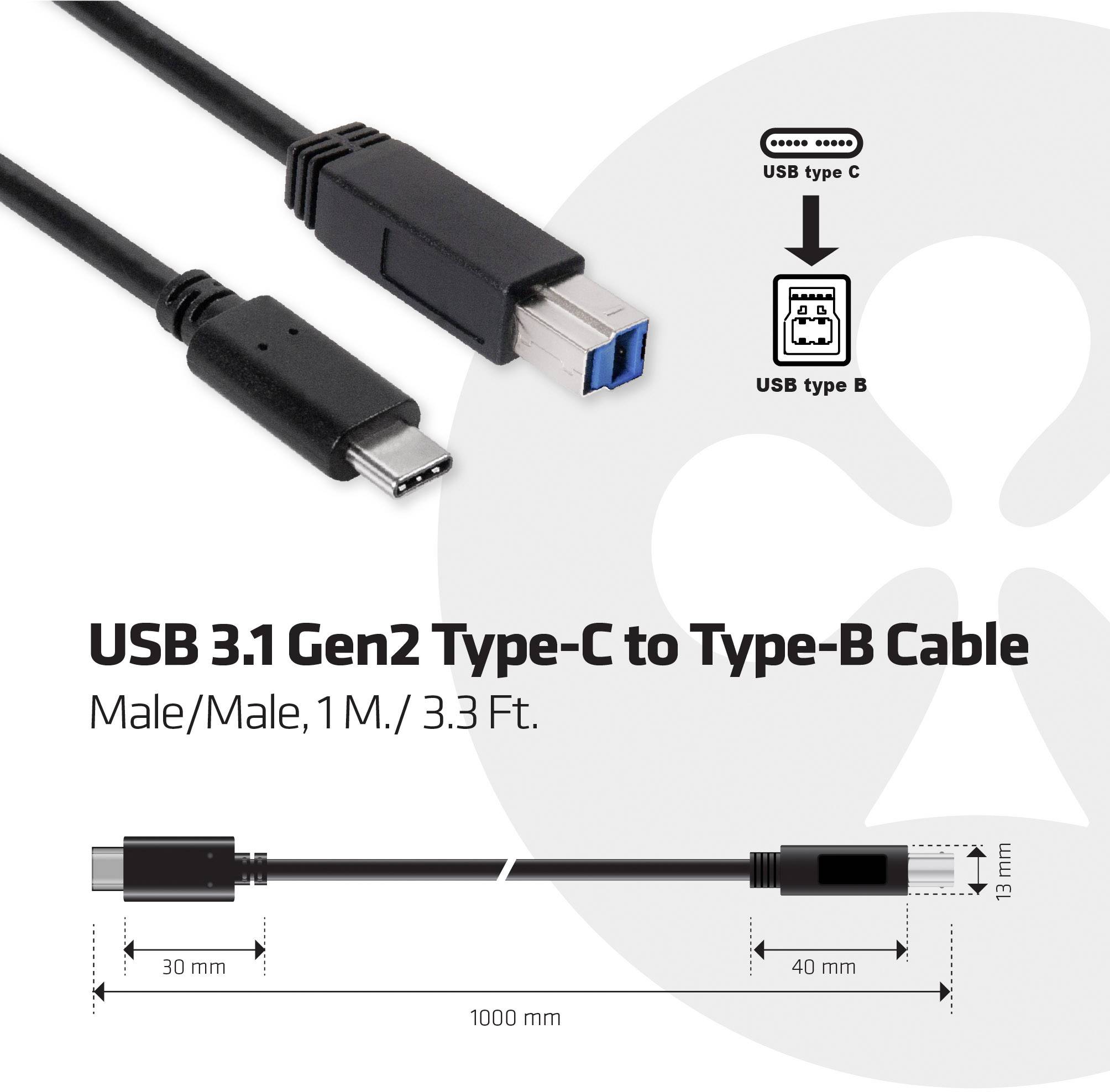 USB 3.1 Gen2 Tip-C do Tip-B kabel. Dolžina 1 meter. Črn kabel s srebrnimi in modrimi priključki.