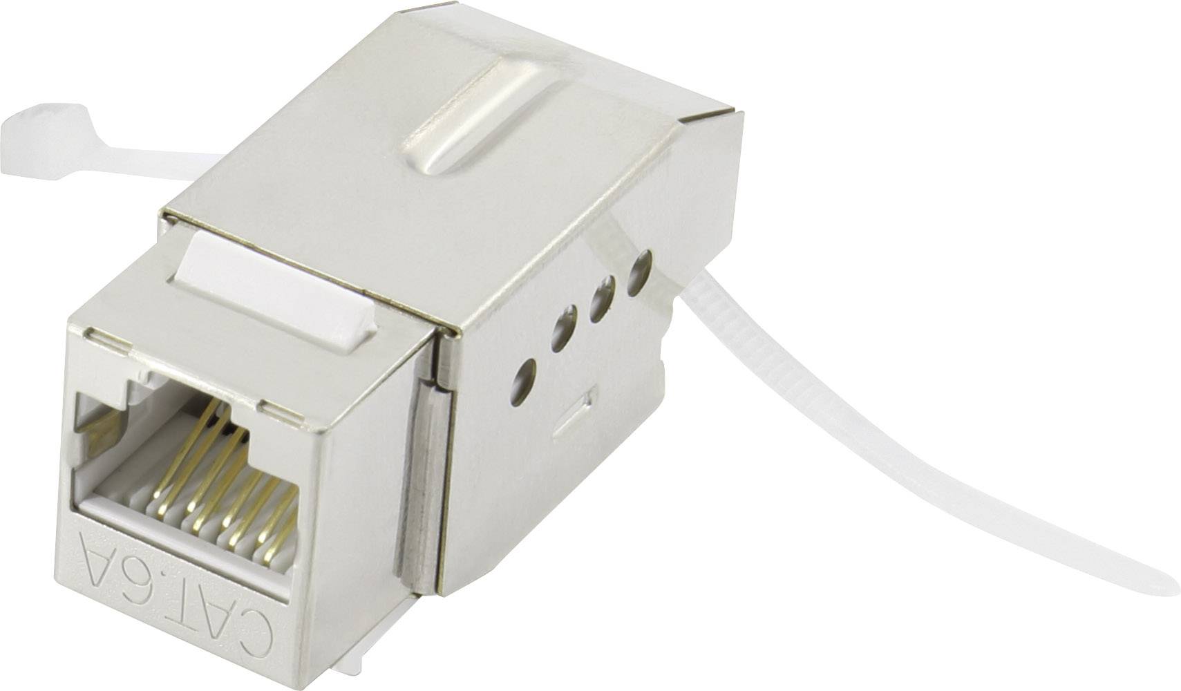 Srebrn RJ45 vtič z oznako 'CAT 6A'. Ima kovinski ohišje in je primeren za omrežne namestitve.