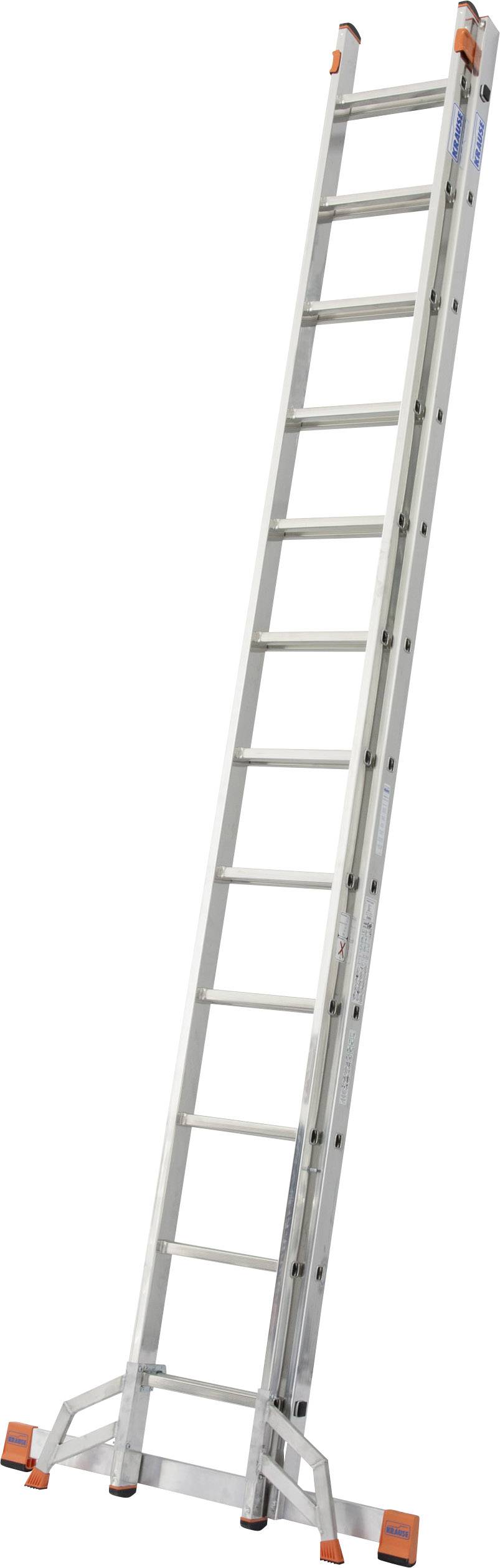 Srebrna aluminijasta lestev z oranžnimi zaščitnimi kapicami na nogah stoji pokončno.