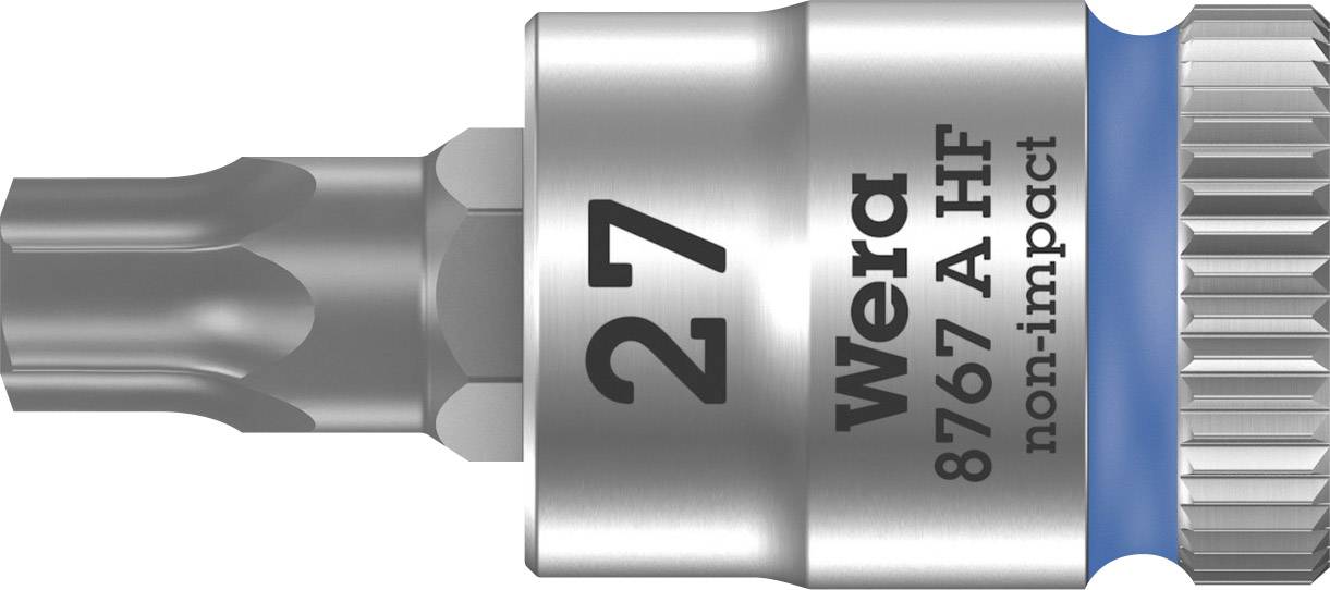 Vijačni nastavek s Torx profilom, velikost 27, napis 'Wera 8767 A HF non-impact', moder obroč za razlikovanje, visokokakovosten jeklen.
