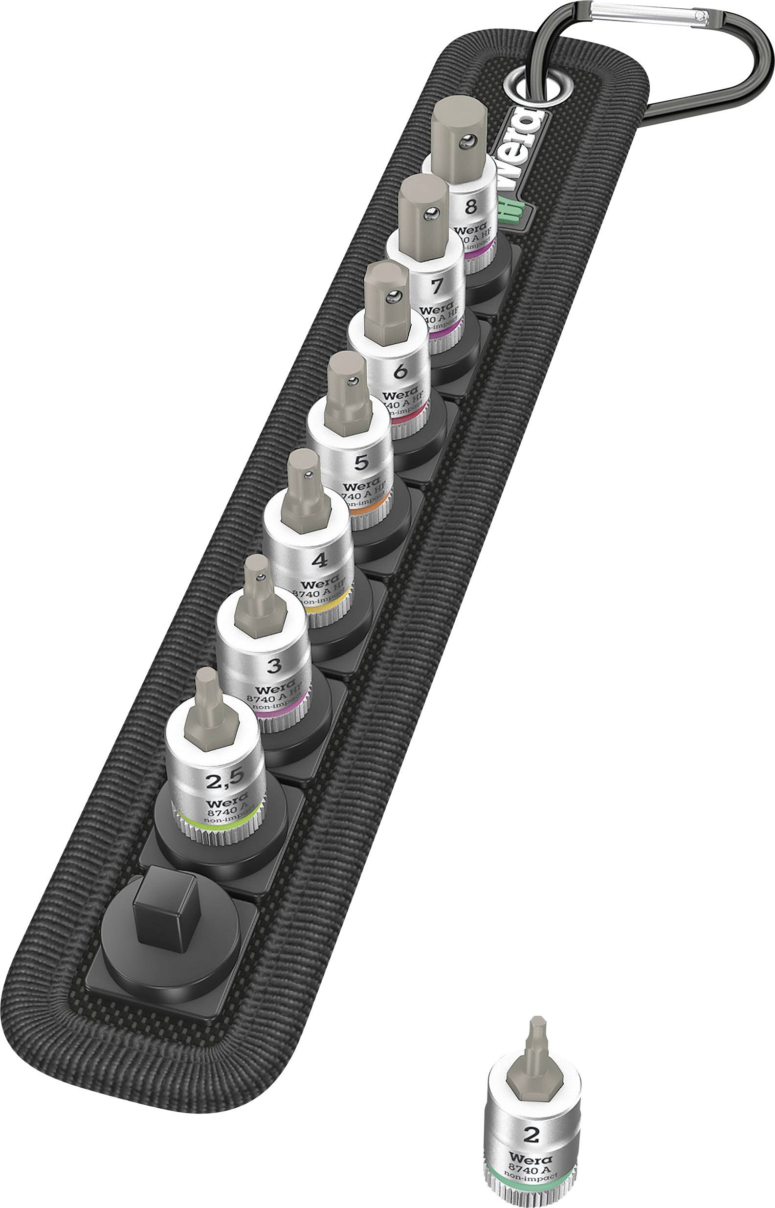 Bit držalo z več Torx konicami različnih velikosti, numeriranimi od 2 do 8. Nameščene so na črnem plastičnem traku.