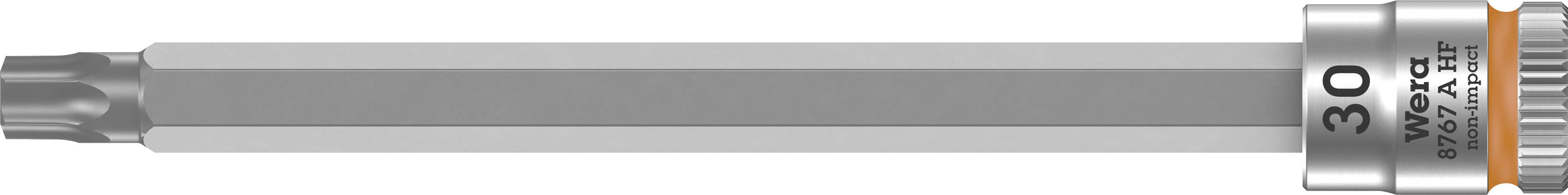Torx-bit T30 iz jekla, dolžine 75 mm, s 1/4-palčno šestkotno priključno pošiljko in lasersko oznako. Primeren za vijačna dela v obrti.