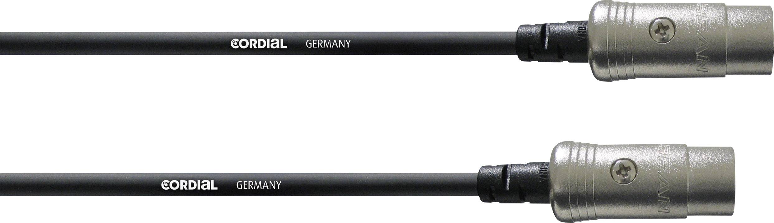 Dva črna avdio kabla z napisom 'CORDIAL GERMANY', vsak opremljen s kovinskimi XLR priključki.