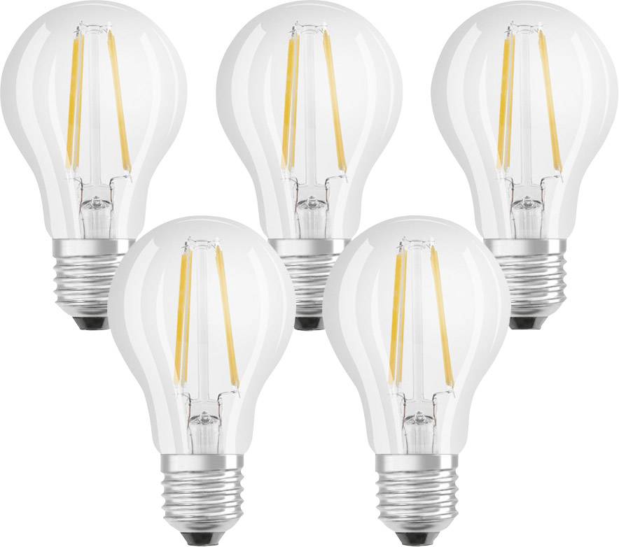 Pet LED žarnic v klasični obliki žarnice z vidnimi nitkami na beli podlagi, ki simbolizirajo energetsko učinkovitost.