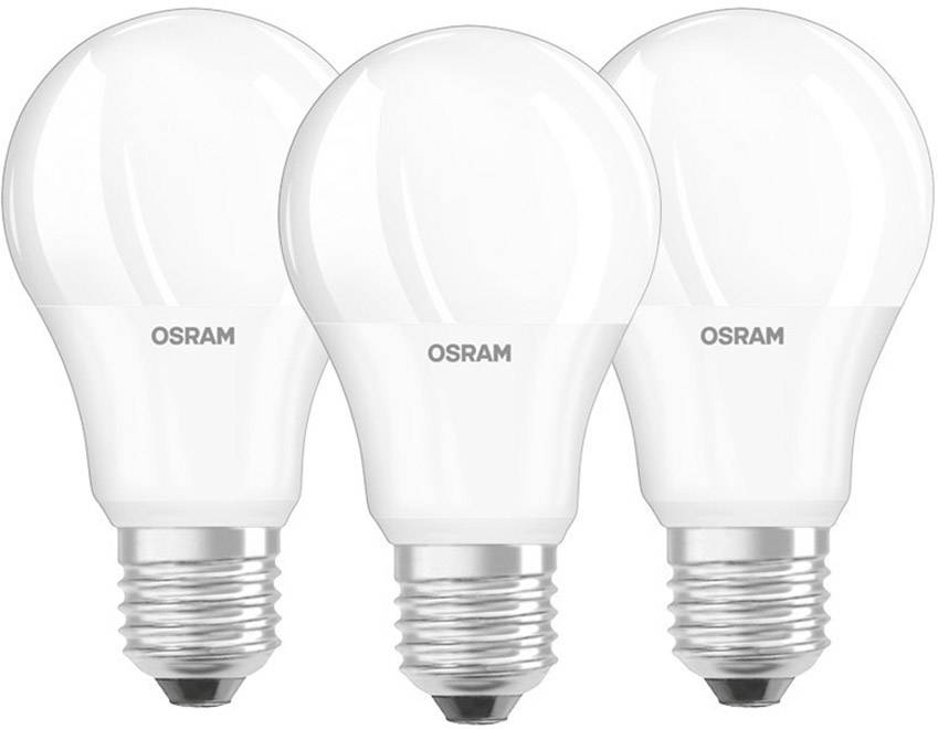 Tri bele OSRAM LED žarnice z E27 priključki, postavljene druga ob drugi, energetsko učinkovite in dolgotrajne, primerne za notranjo razsvetljavo.