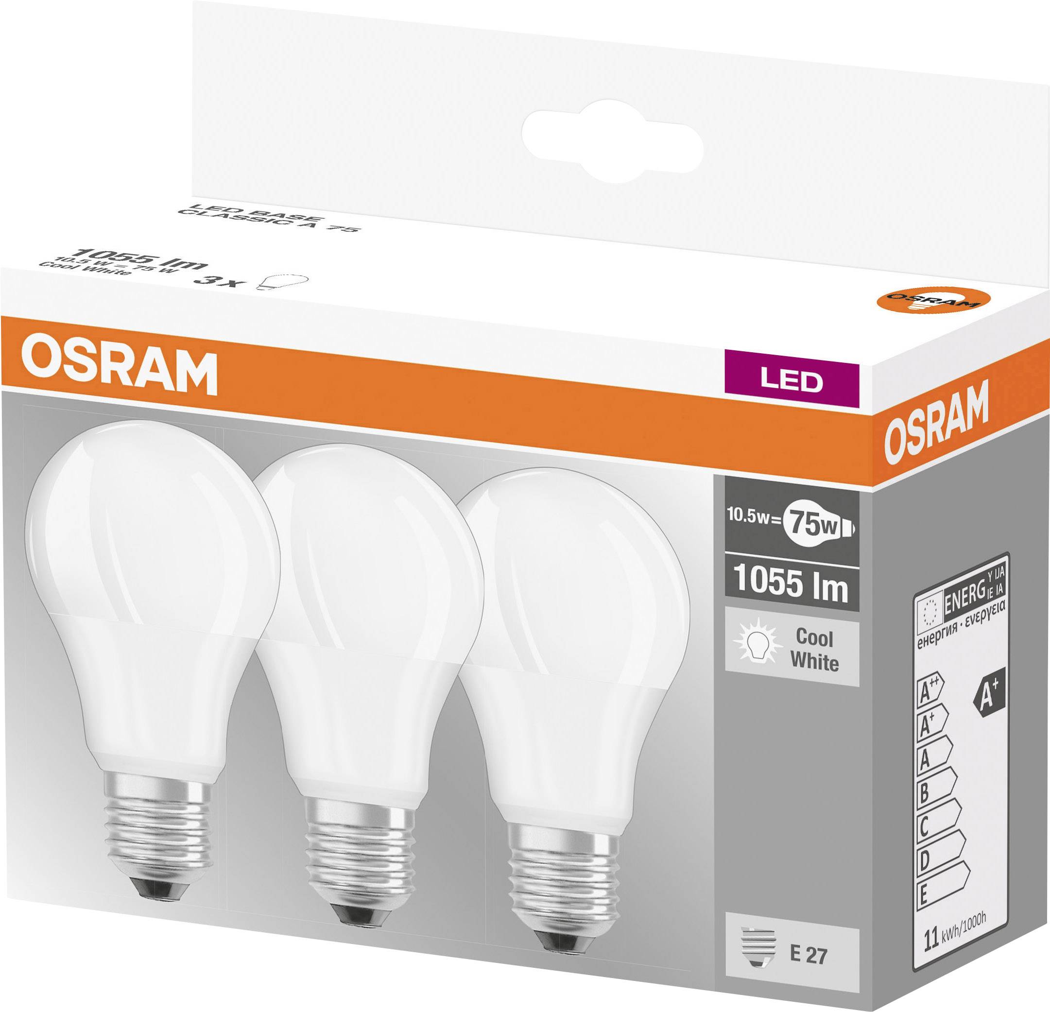 LED žarnice 10,5W znamke OSRAM v paketu 3 kosov, z grlom E27, 1055 lm, energijski razred A+, hladna bela barva svetlobe, nadomešča 75W.