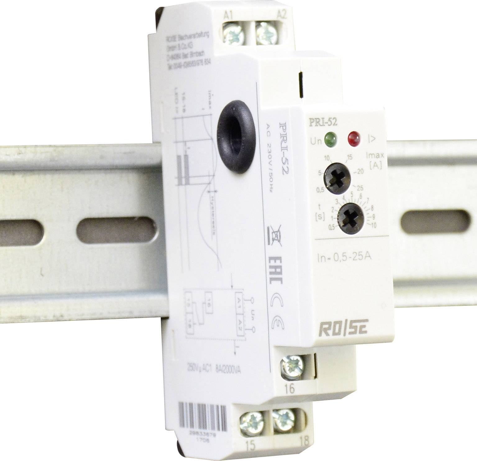 Elektronsko zaščitno relejevsko stikalo, model PR-1-52, nameščeno na DIN letev. Prikazuje tehnične podrobnosti in priključke.