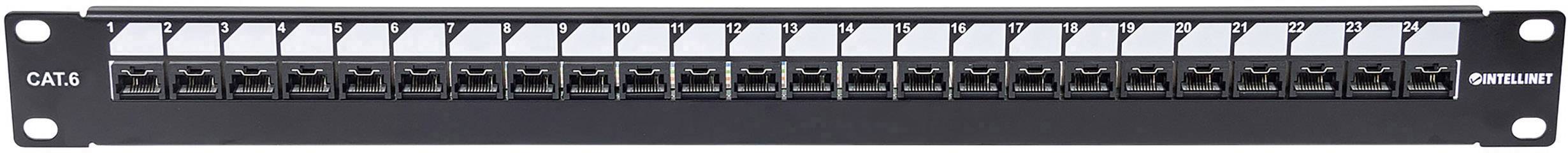 Patch panel s 24 ethernetnimi priključki, primeren za upravljanje omrežnih kablov v IT-okoljih. Črne barve, združljiv z 19-palčnimi stojali.
