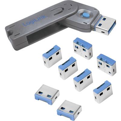 USB čitalnik kartic v sivo-modri barvi, združljiv z različnimi pomnilniškimi formati, vsebuje sedem ločenih adapterjev.