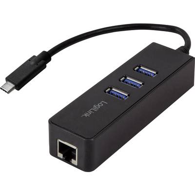 Črn USB hub s tremi USB 3.0 priključki, ethernet vhodom in USB-C kablom za povezavo z napravami.