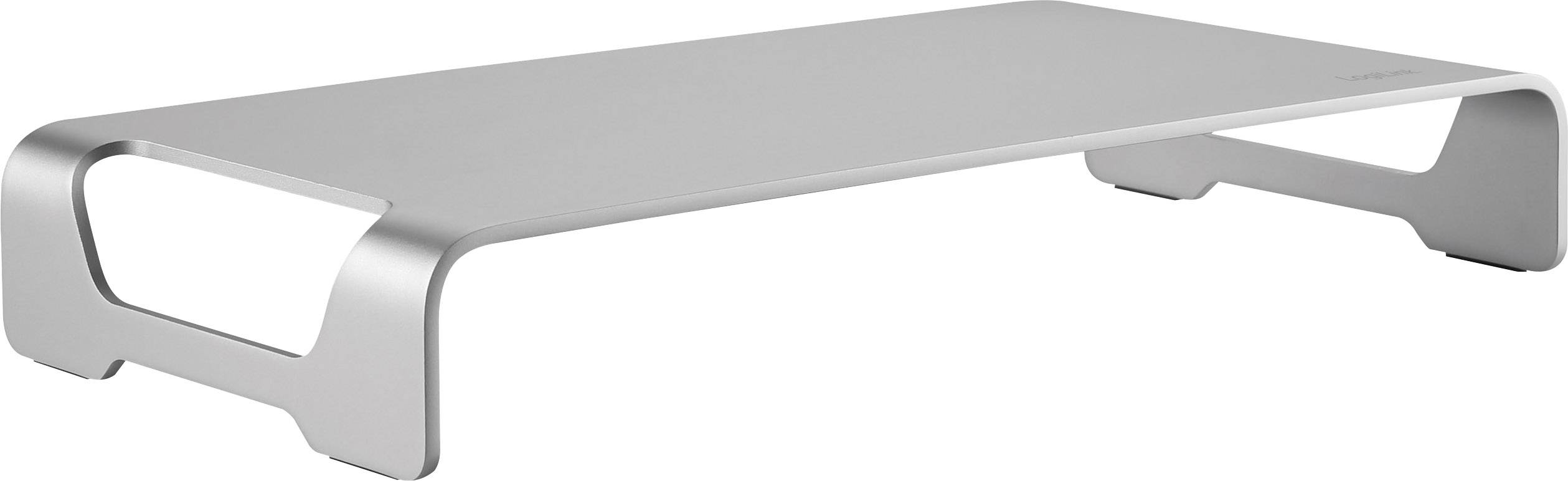 Srebrn kovinski stojalo za monitor pravokotne oblike z bočnimi ročaji, ki pomaga pri ergonomski postavitvi.