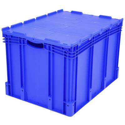 Moder plastični zabojnik z pokrovom, primeren za shranjevanje in transport. Robustna izvedba z stranski ročaji za prijemanje.