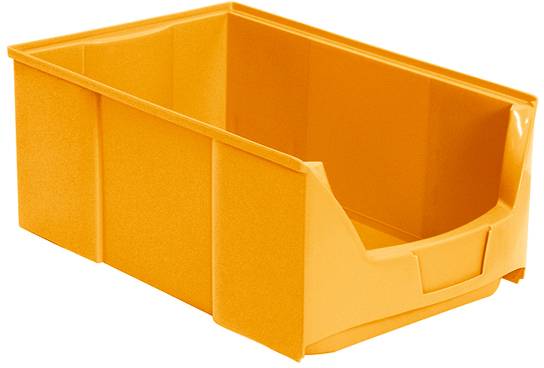 Posamezen rumen plastični zabojnik z ročajem spredaj, primeren za shranjevanje ali organizacijo predmetov.