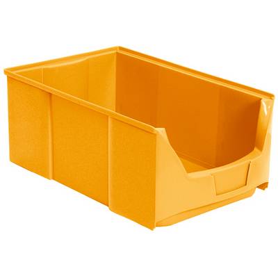 Posamezen rumen plastični zabojnik z ročajem spredaj, primeren za shranjevanje ali organizacijo predmetov.