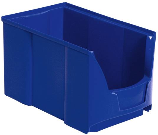 Moder plastični zabojnik z odprtim dostopom spredaj, primeren za shranjevanje predmetov v skladišču ali pisarni.
