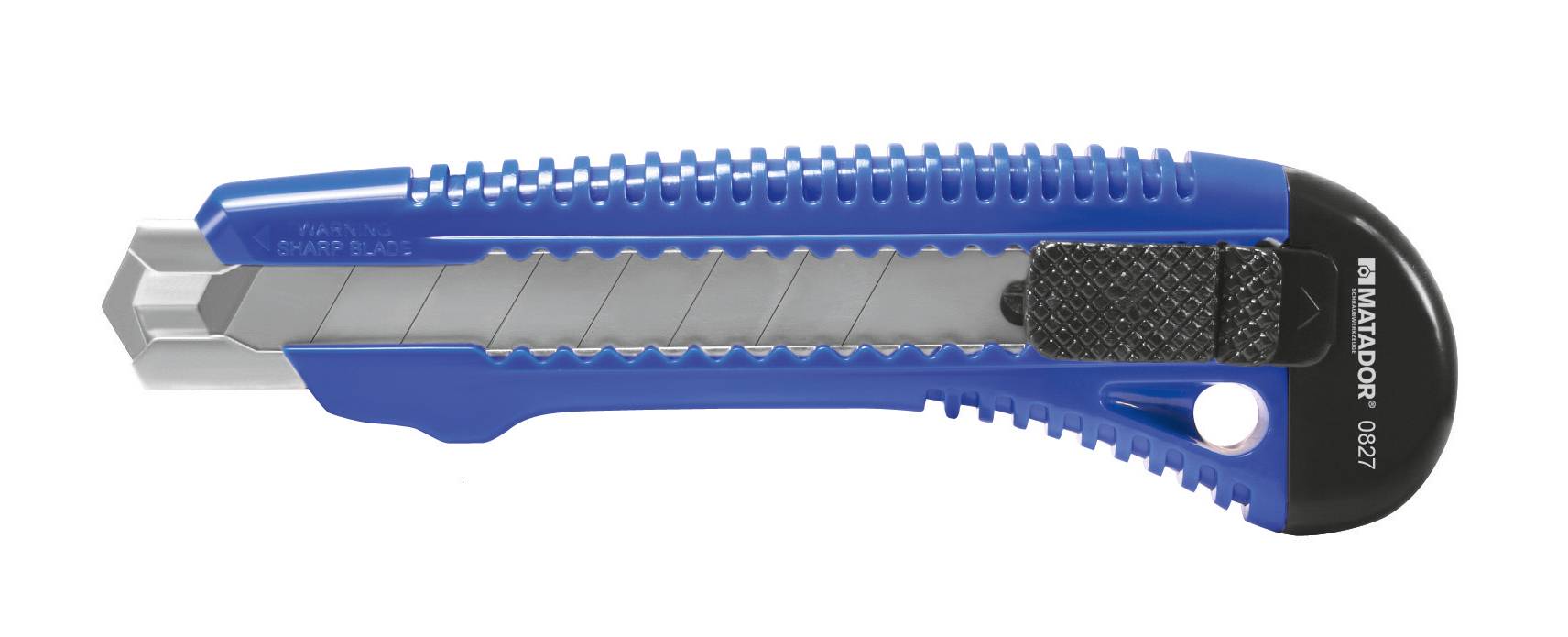 Moder olfa nož z črnim ročajem in odlomljenim rezilom. Na ročaju oznaka 'MATADOR 0827'. Primeren za rezalna dela.