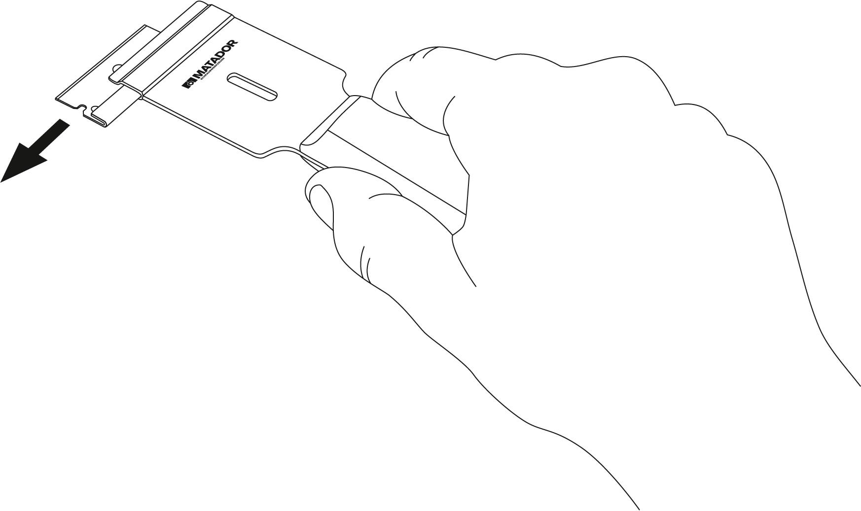 Grafika prikazuje roko, ki drži rezilni nosilec z zaobljenim rezilom. Puščica kaže smer vstavljanja rezila.