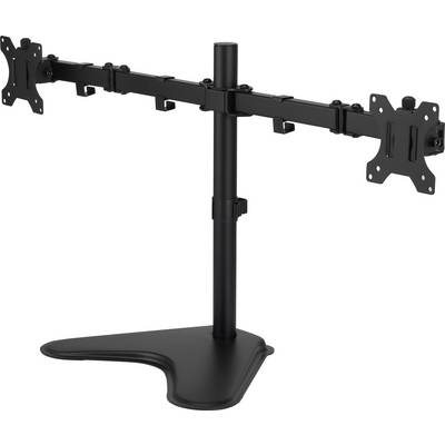 Črni stojan za dva monitorja z V-oblikovano osnovo, dva nastavljiva ročaja z VESA držali, primeren za ergonomsko prilagoditev delovnega mesta.