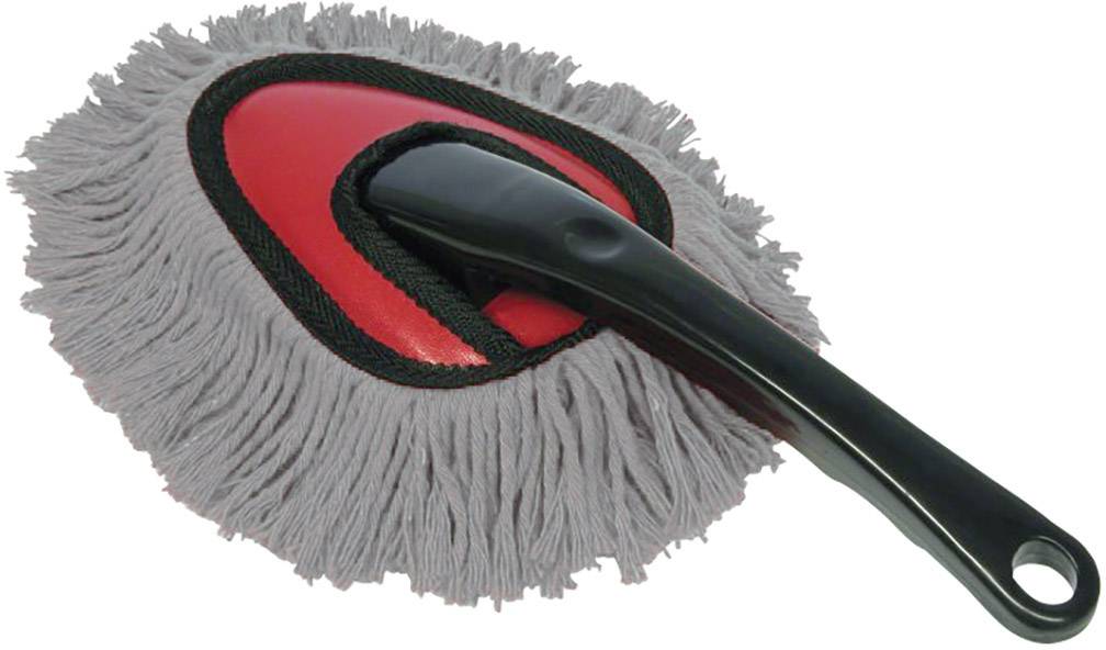 Pometač s sivim mikrofibrnim nastavkom in črnim ročajem na rdečem ozadju.