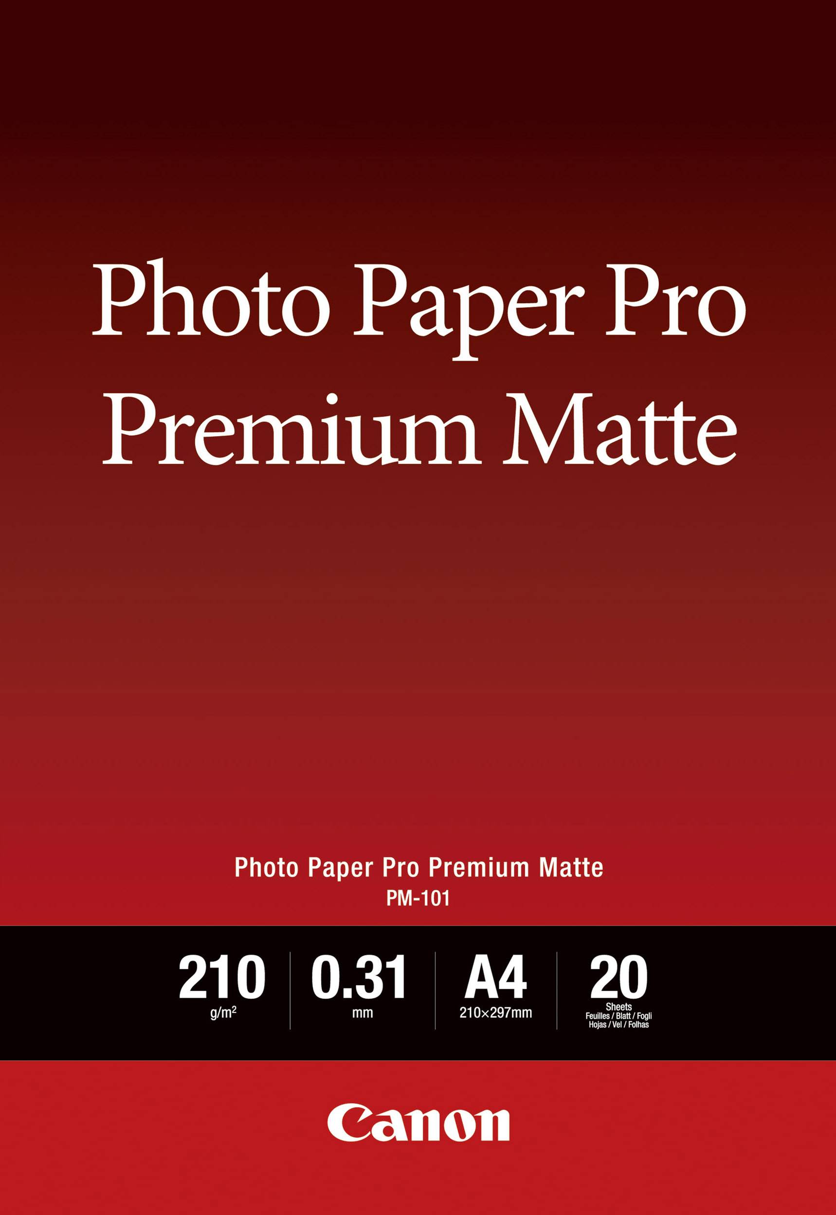 Fotografski papir Pro Premium Mat z naslednjimi specifikacijami: 210 g/m², 0,31 mm debeline, format A4 (21x29,7 cm), 20 listov. Blagovna znamka: Canon.