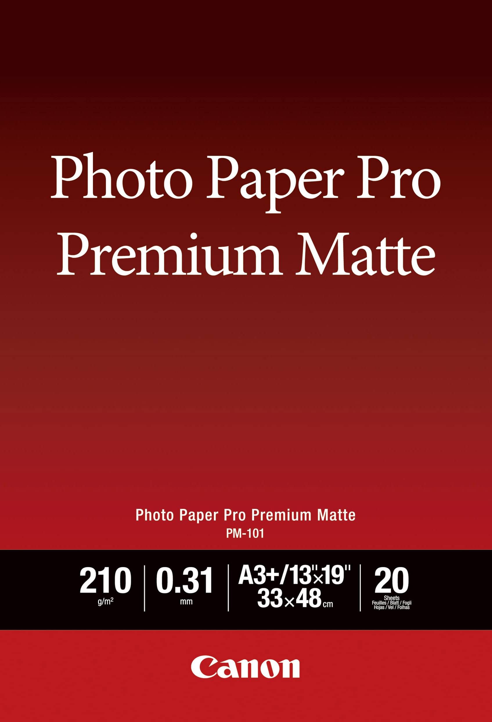 Slika prikazuje embalažo 'Canon Photo Paper Pro Premium Matte' s specifikacijami: 210 g/m², 0,31 mm, format A3+, 20 listov.