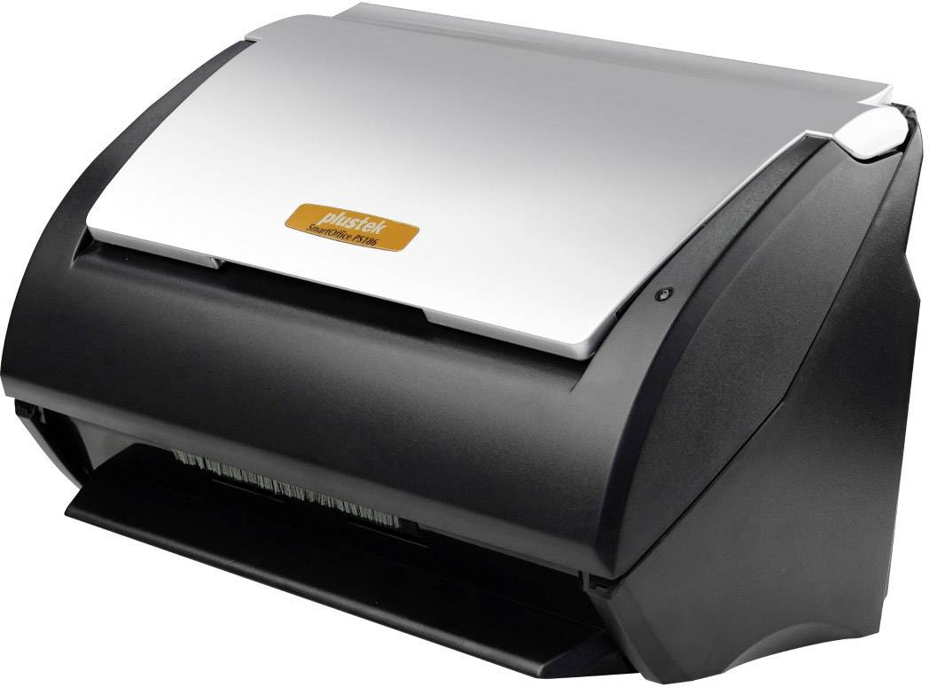 Dokumentni skener s črnim ohišjem in srebrnim pokrovom. Naziv blagovne znamke na zgornji strani.