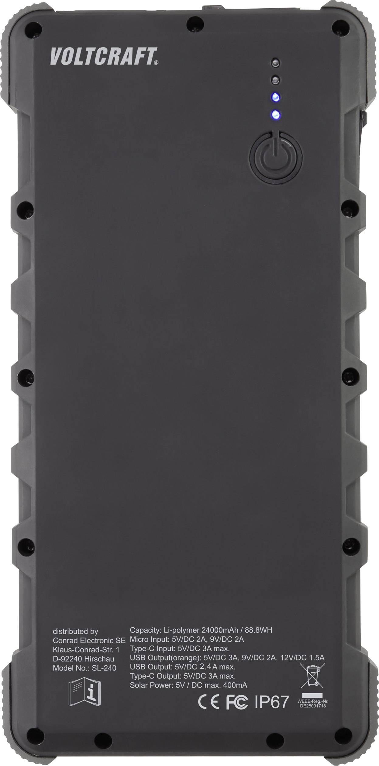 Črna powerbank Voltcraft s kapaciteto 24000 mAh in zaščito IP67. Zgoraj desno je nameščen gumb za vklop z LED-indikatorjem.
