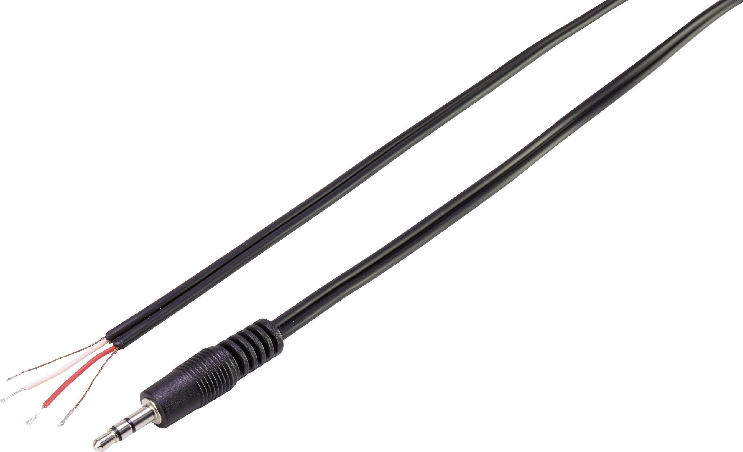 Črn avdio kabel s 3,5-mm priključkom na levi strani, razgaljeni konci kabla vidni na desni strani.