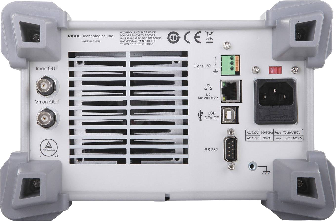 Pogled od zadaj na električno napravo s priključki za Imon OUT, Vmon OUT, digitalni V/I, USB, RS-232, omrežni priključek in ozemljitveno točko.